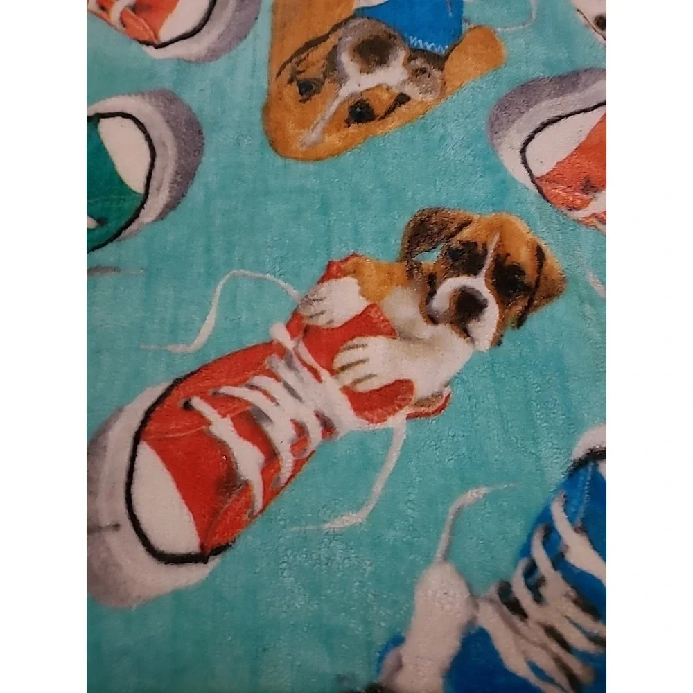 Keith Kimberlin Puppies In Shoes Print Plush Throw Blanket 48x54 Soft Fleece